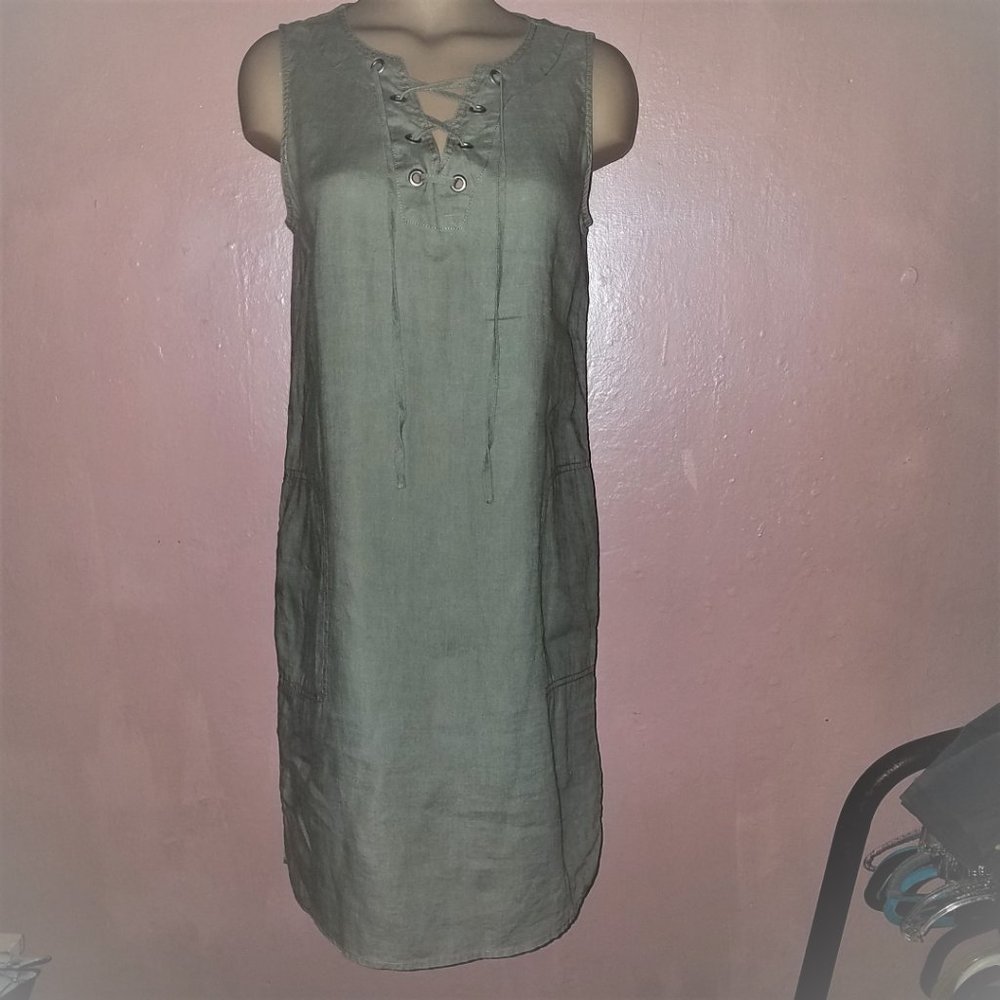 Adrienne Vittadini Shift Dress w/Pockets~Nautical Front Lacing~Greige Linen XS-S